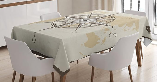 Ambesonne Compass Tablecloth, Nautical Compass on Background Old Map with Torn Border Frame Illustration Print, Rectangular Table Cover for Dining Room Kitchen Decor, 60" X 90", Brown Beige