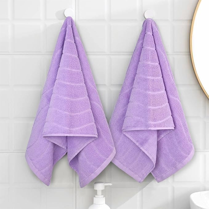 2-Piece Cotton Hand Towels Lavender, Ultra Soft and Highly Absorbent Towels for Bathroom, Small Size 13 x 29 Inches, Wavy Stripe Jacquard