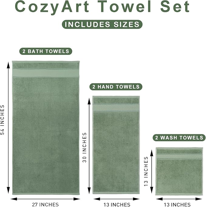 COZYART Sage Green Bath Towels Set 6 Piece, 2 Bath Towels 2 Hand Towels 2 Washcloths, Luxury 100% Turkish Cotton 650GSM Hotel Quality, Soft, Absorbent, Towel Sets for Bathroom