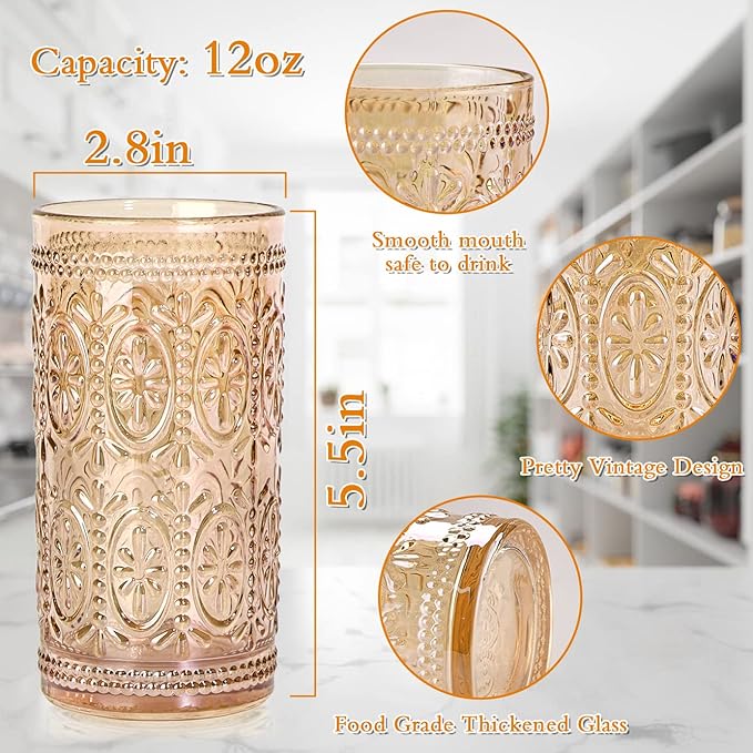 6 Pack Highball Beverage Glass Cup, 12oz Amber Glassware Drinking, Vintage Embossed Drinking Glasses, Old Fashioned Glass for Party Wedding Home Office and Gift