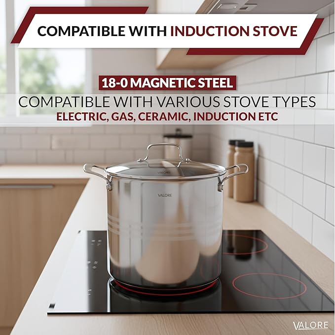 Valore 24 qt Stainless Steel Stock Pot with Lid & Canning Rack - 5-ply Soup Pot with Brushed Stainless Finish & Riveted Handles