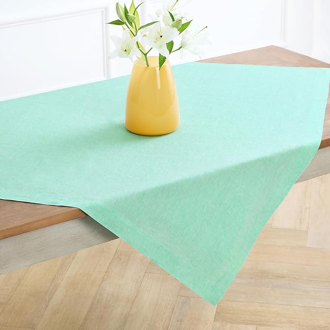 Solino Home Linen Cloth Tablecloth 52 x 52 Inch - 100% Pure Linen Chambray Aqua Square Tablecloth - Athena, Machine Washable Table Throw