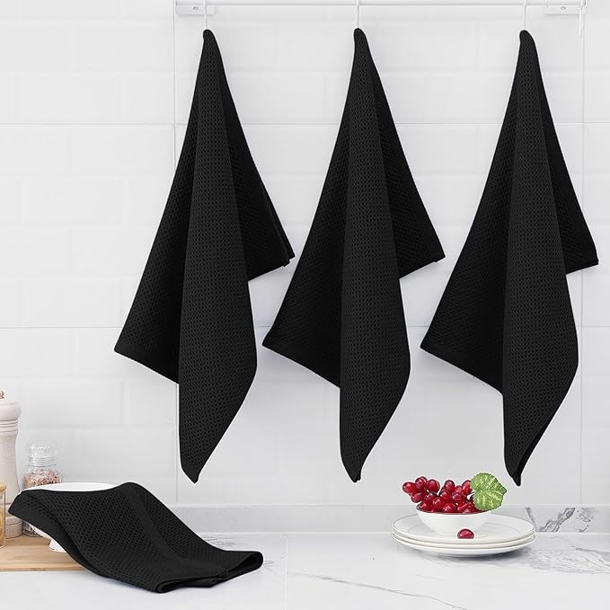 Homaxy 100% Cotton Waffle Weave Kitchen Dish Towels, Ultra Soft Absorbent Quick Drying Cleaning Towel, 20x28 Inches, 12-Pack, Black