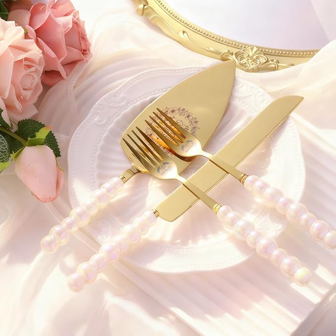 4 Piece Wedding Cake Cutting Set, Knife and Server with Forks, Elegant Wedding Cake Knife and Server Set for Bride and Groom(Pearl Handle Gold)