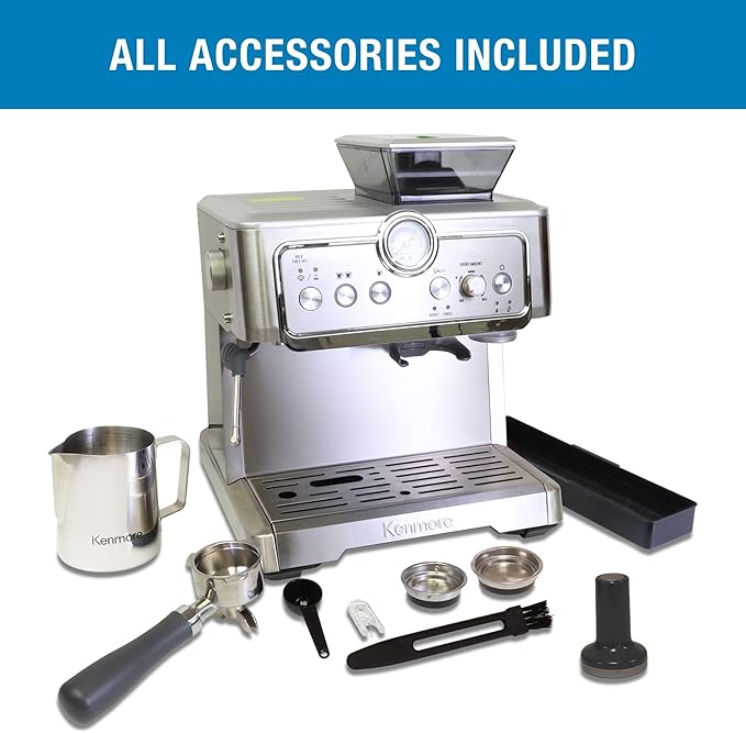 Kenmore Espresso Machine – Automatic Coffee Maker with Manual Tamper, Auto Cleaning, Milk Steamer & Frother, Bean Grinder, Brew Professional Barista Style Cappuccino, Café Latte