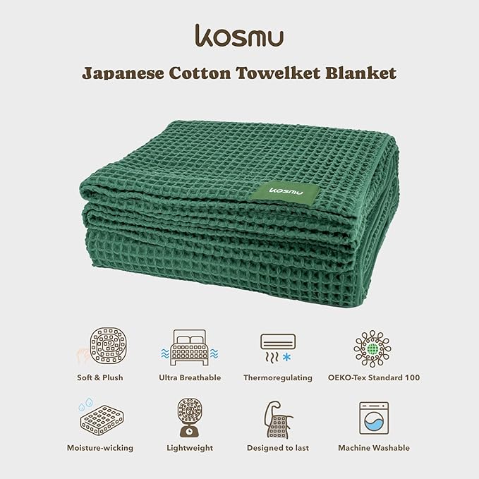 Luxury Organic Japanese Cotton Waffle Towelket Throw Blanket Bedspread for All Sleepers | Soft, Breathable and Thermoregulating (Forest Green, 67''x91'')