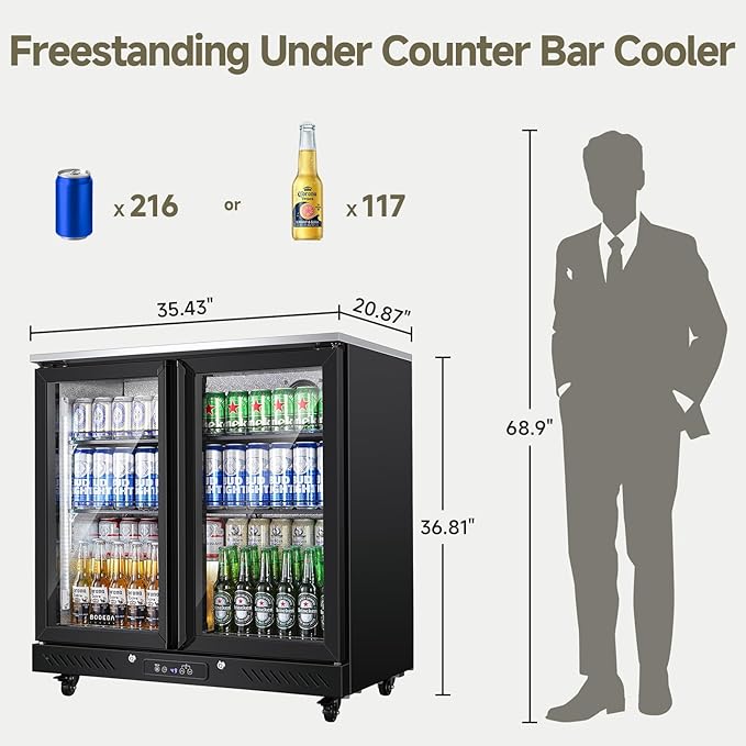 BODEGACOOLER Back Bar Cooler With 2 Glass Doors,Beverage Refrigerator 7.7 Cu.Ft Commercial Display Bar Fridge LED Lighting,36 inch Height Beverage Cooler for Soda Drinks,Beer with Stainless Steel Top
