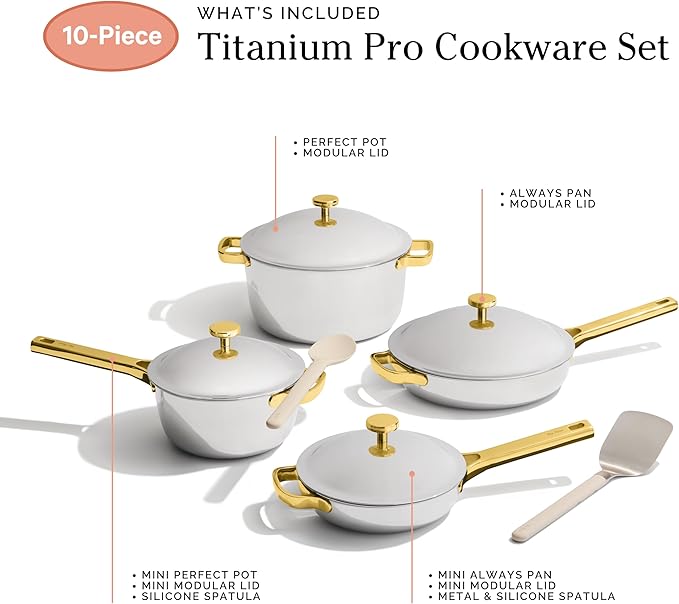 Our Place Titanium Pro Cookware Set (4-Piece) – Always Pan & Perfect Pot | Nonstick No-Coat Technology | Tri-Ply Titanium & Stainless Steel | Safe for Oven, Induction & Cooktops up to 750°F | Gold