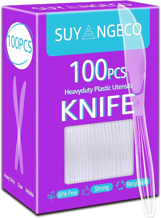 [100 Count] Clear Plastic Knives Heavy Duty, Disposable Steak Knives Plastic Silverware Bulk Washable Cutlery Set Serving Utensils Tableware for Party Supplies,Daily Use,Picnic,Camping,Wedding,BBQ