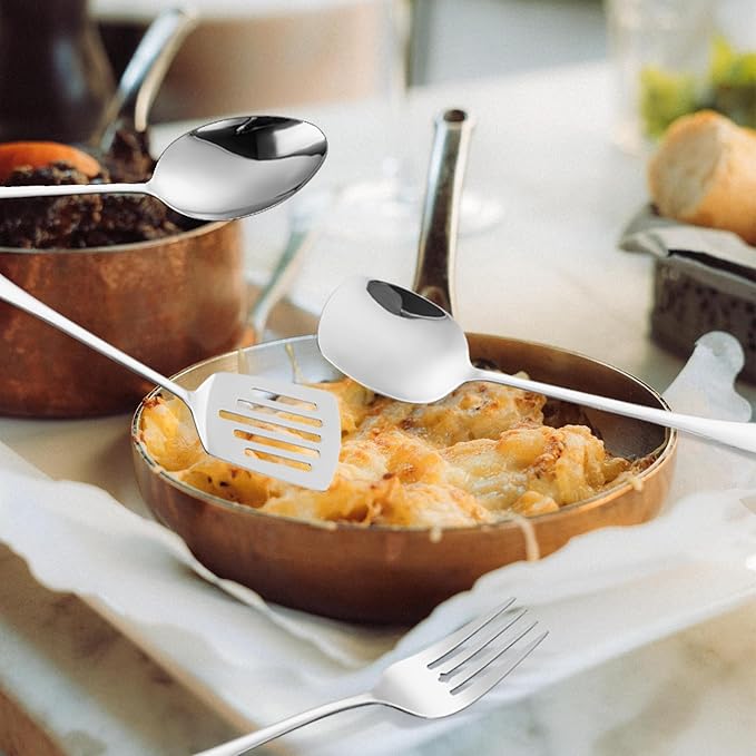 Serving Utensil Set 11-Piece Stainless Steel Modern Flatware Server All Metal Kitchen Cooking Tools Solid Spoon Slotted Ladle Skimmer Pasta Server Cake Knife Cutter Spatula Turner