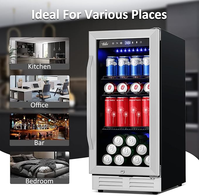 15 Inch Beverage Refrigerator and Cooler - 125Cans Capacity Mini Beer Drink Fridge with Glass Door and Lock Under Counter Built-in or Freestanding - for Soda, Beer, Wine - for Home Bar Kitchen