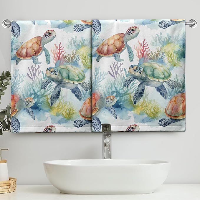 Sea Turtle Kitchen Towels Summer Corals Hand Towel Ocean Animal Dish Towel 14.4 X 28.3 in Soft Absorbent Cotton Towels for Bathroom Kitchen Decorations