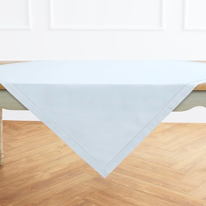 Solino Home Light Blue Cotton Linen Tablecloth 52 x 52 Inch - Hemstitch Square Table Throw - Machine Washable Tablecloth for New Year