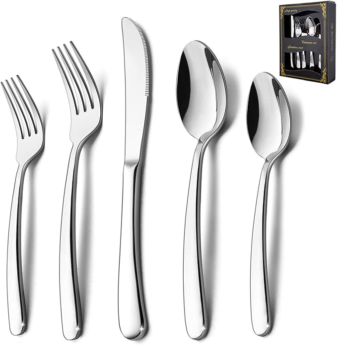 HaWare Heavy Duty Silverware Set, 60-Piece Stainless Steel Flatware Cutlery for 12, Modern & Elegant Design Includes Knives/Forks/Spoons, Mirror Polished and Dishwasher Safe