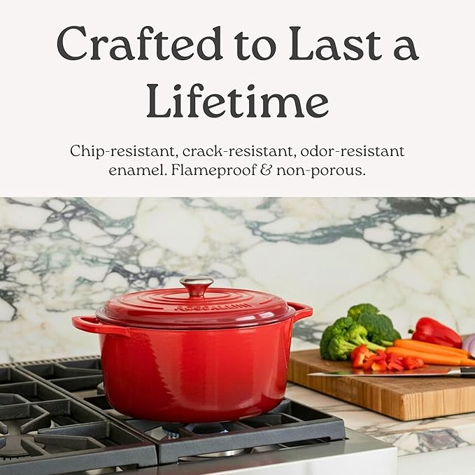 Signature Enameled Cast Iron Oval Dutch Oven | Non-Stick Serving Pot with Tight Fitting Lid for Perfect Roasting, Baking, Sauteing, and Bread Making | 15.5Q [Red]