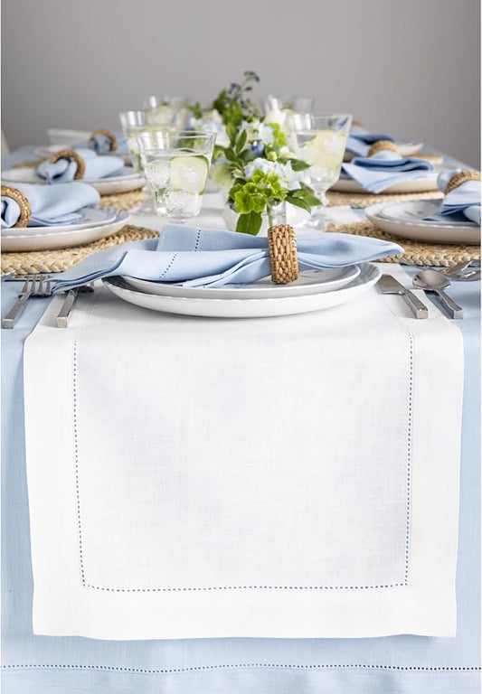 Solino Home Linen White Table Runner 120 Inches Long - 100% Pure Linen Hemstitch 14 x 120 Inch Table Runner for Dining, Holiday, Valentines, New Year - Classic Hemstitch