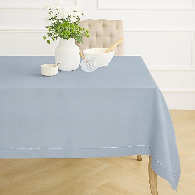 Solino Home Dusty Blue Linen Tablecloth 60 x 108 Inch - 100% Pure Linen Hemstitch Table Cloth for Rectangle Tables - Classic Hemstitch, Machine Washable Tablecloth for Winter