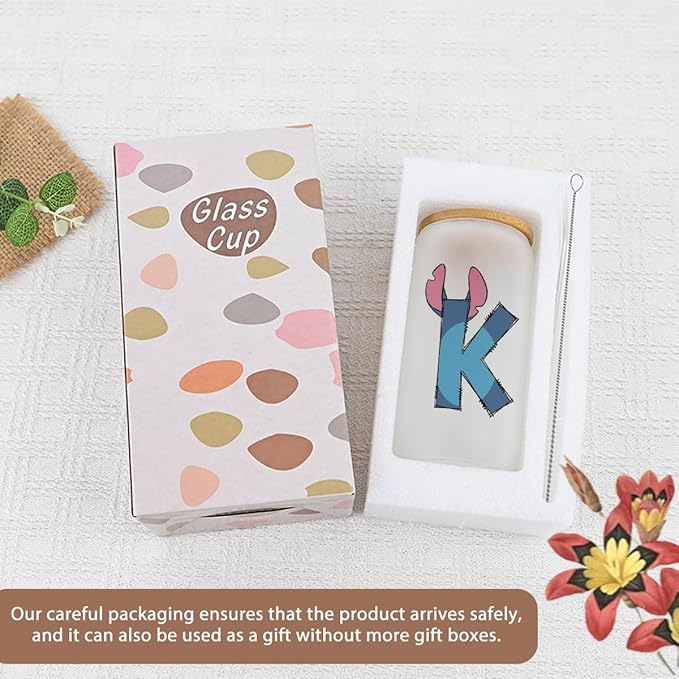 Cute Cartoon Lover Gifts Initial A-Z Personalized Iced Coffee Cup Cartoon Merch 16oz Glass Cup with Lid and Straws Birthday Christmas Gifts for Women Teen Girls Fans (Letter K)