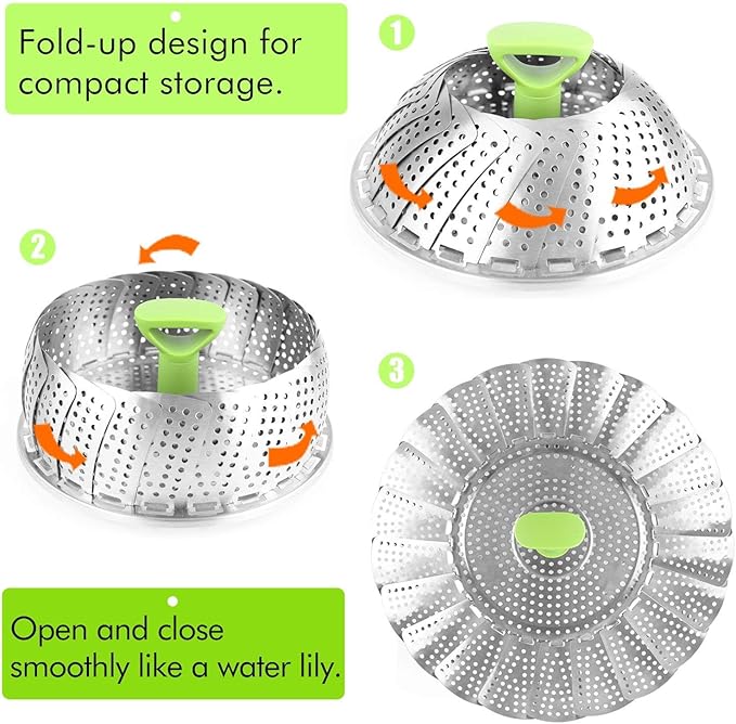 Consevisen Vegetable Steamer Basket for Cooking Food, Stainless Steel Veggie Steam Basket for Pot, Folding Expandable Steaming Insert with Extendable Handle Fits Various Size Pot, 5.1" to 9"