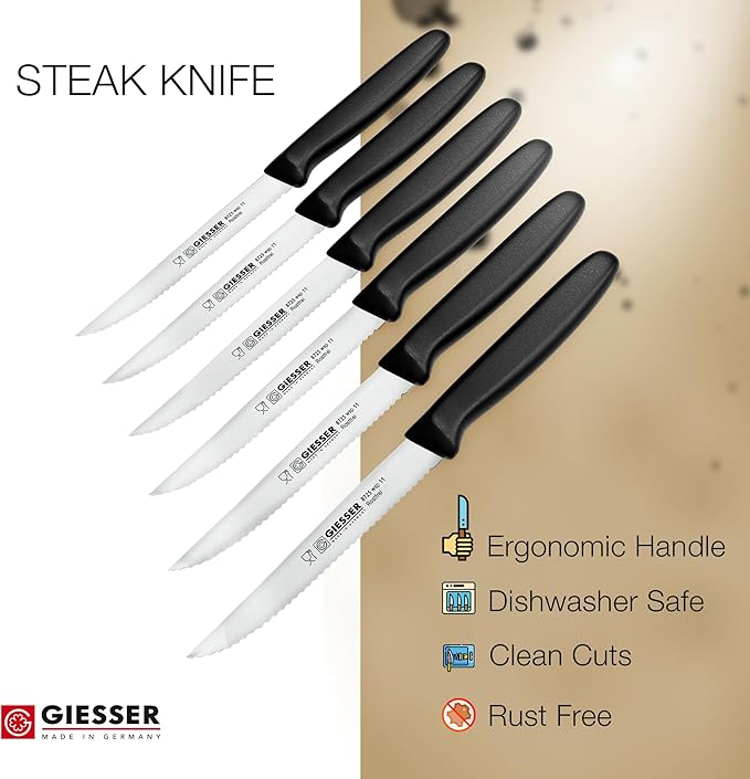 Giesser since 1776, Made In Germany, Steak Knife set of 6, serrated tip point edge, stainless steel, black