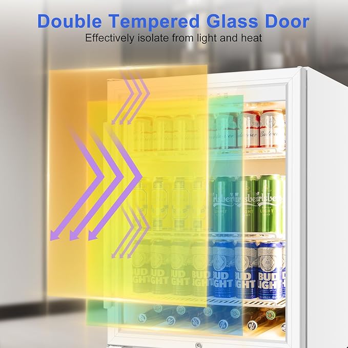 24 Inch Beverage Refrigerator with Glass Door, Undercounter Beverage Fridge 200 Cans Large Capacity, Beverage Cooler for Beer Soda with Reversible Door, Temperature Control, Safety Lock, White