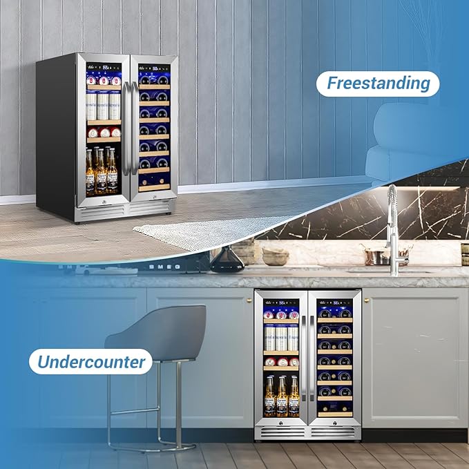 Wine and Beverage Refrigerator Under Counter, 24 Inch Beverage Fridge Dual Zone with Glass Door, Built In Beverage Cooler with Increase Capacity Space, Advanced Cooling System