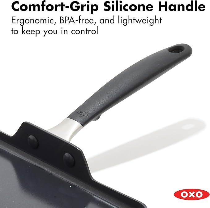 OXO 11” Non-Stick Every Day Square Griddle, BPA-Free Comfort Grip Silicone Handle, Dishwasher & Oven Safe, PFAS-Free Ceramic Skillet, Pancake Pan, Black