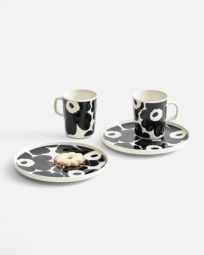 MARIMEKKO Oiva Unikko Kitchen Dish Set (Black) – Floral Stoneware — Plate and Mug set of 2 — 8.8 oz Mugs and 8" Diameter Plates