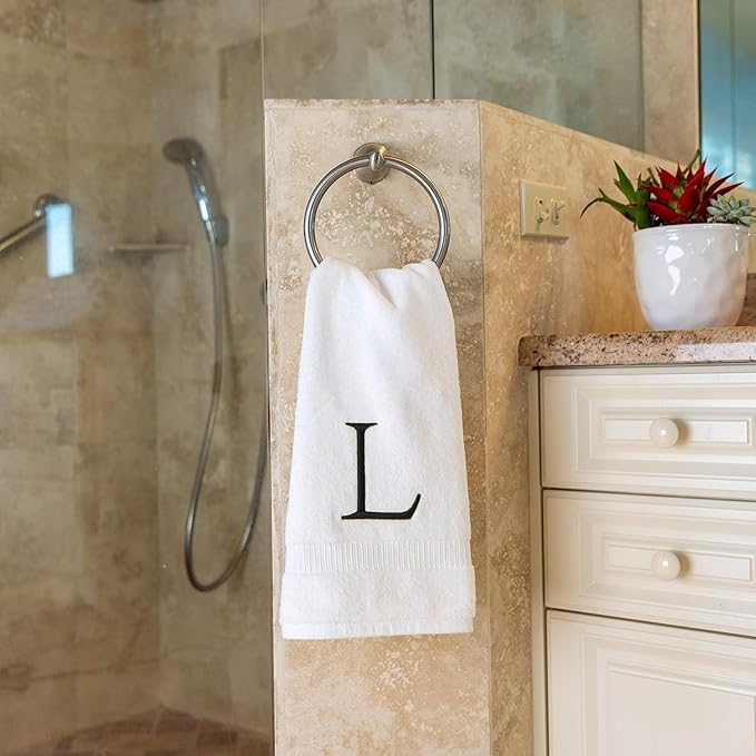 Black & White Bathroom Hand Towel - Monogrammed Luxury Hotel Quality Decorative Embroidered Towel for Powder Room, Spa - GOTS Organic Certified - Set of 2 Letter L
