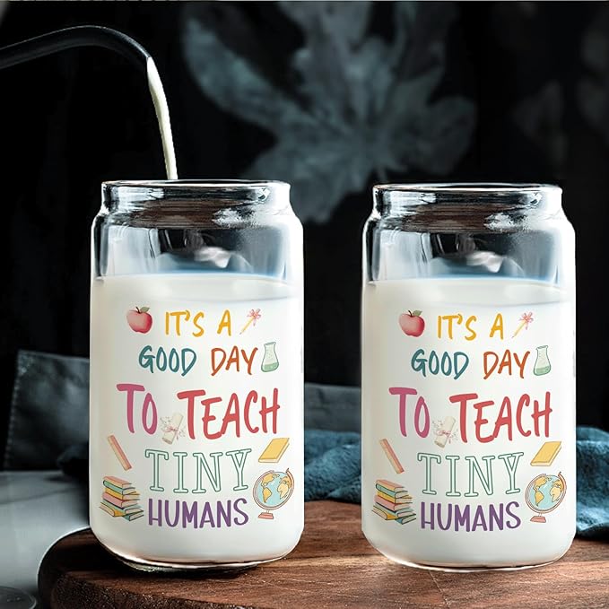 Kindergarten Teacher Glass Cup with Lids and Straws 14oz, Teacher Appreciation Gifts, Best Teachers Gifts for Women Glass Iced Coffee Tumbler Drinking Jars with Cleaning Brush