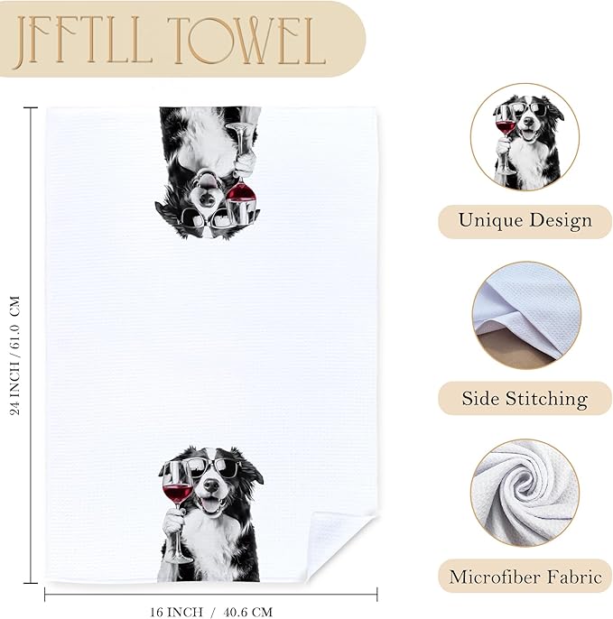 Funny Border Collie Kitchen Towels, Border Collie Gifts Dish Tea Towels for Home Bar Kitchen, Dog Lover Gifts, Wine Lover Gifts, Funny Hand Towels for Bathroom, 16x24 Inch