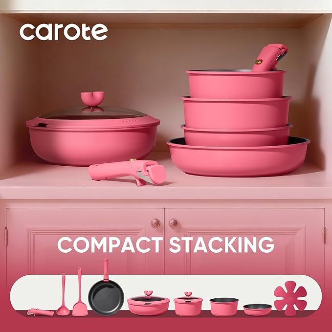 CAROTE 15pcs Pots and Pans Set Non Stick, Cookware Set Non Toxic with Detachable Handle, Induction Kitchen Cooking Set, Dishwasher/Oven Safe, RV/Camping Cookware