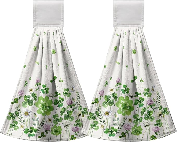 St Patricks Day Hanging Kitchen Towel Green Shamrocks Floral Hand Tie Towels Clover Saint Patrick's Day Hanging Dish Towels with Loop 12 x 17 inch Soft Spring Lucky Decor for Bathroom