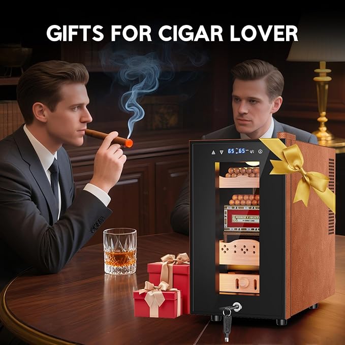 Tylza Leather Trim Cigar Humidor, 25L Cigar Humidor Cabinet with Auto Humidity & Temp Control, 220 Counts, 3 LED Lights, Spanish Cedar Wood, Cigar Humidors with Safety Lock, Gifts for Men