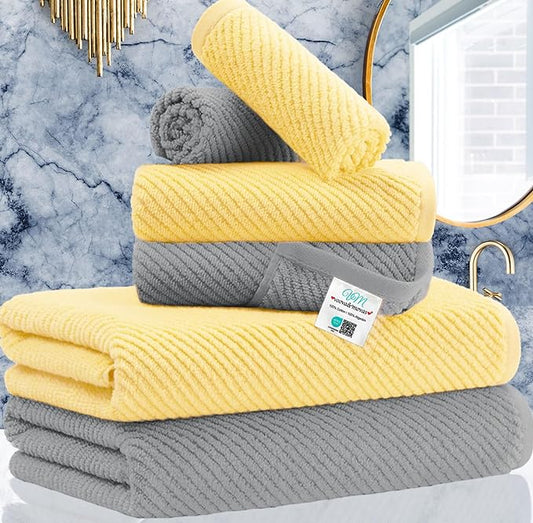 VOOVA & MOVAS Towels for Bathroom, Bath Towels with Hanging Loop - 100% Cotton | Soft | Quick Dry | Thick, Towel Set of 6, 2 Large Bath 30"x56", 2 Hand 18"x28", 2 Washcloths 13"x13", Grey and Yellow
