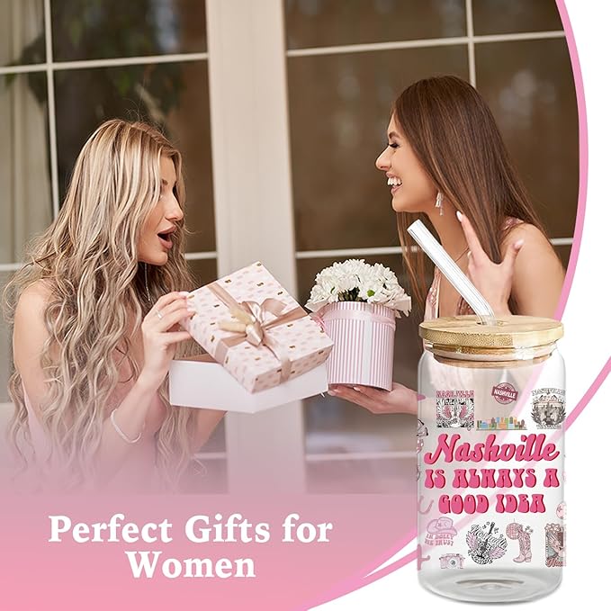 Nashville Gifts - Cute Pink Cups with Lids and Straws, 16 Oz Pink Tumbler for Women & Girls Birthday, Christmas, Bachelorette Party Favors