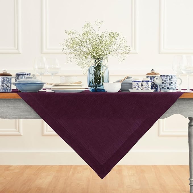 Solino Home Linen Tablecloth 52 x 52 Inch - 100% Pure Linen Square Table Throw - Athena, Machine Washable Chambray Burgundy Tablecloth for Christmas, Holiday, Winter, New Year