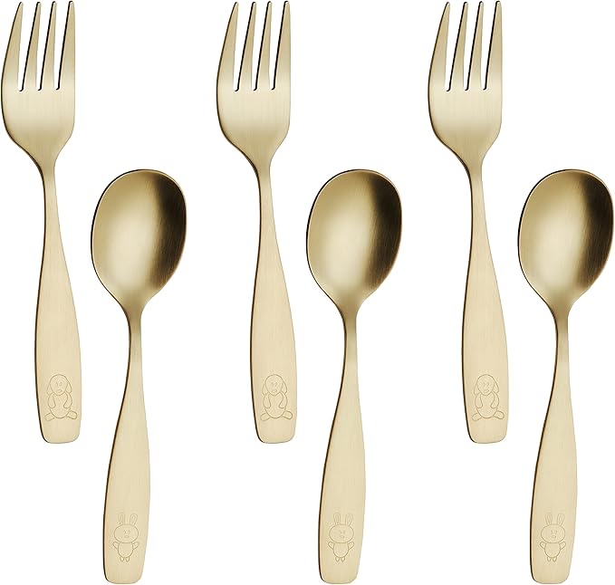 ANNOVA Kids Silverware Children's Safe Flatware Set Stainless Steel - Children Forks, Children Tablespoons, Toddler Utensils, Metal Cutlery Set for LunchBox (Gold, 6)