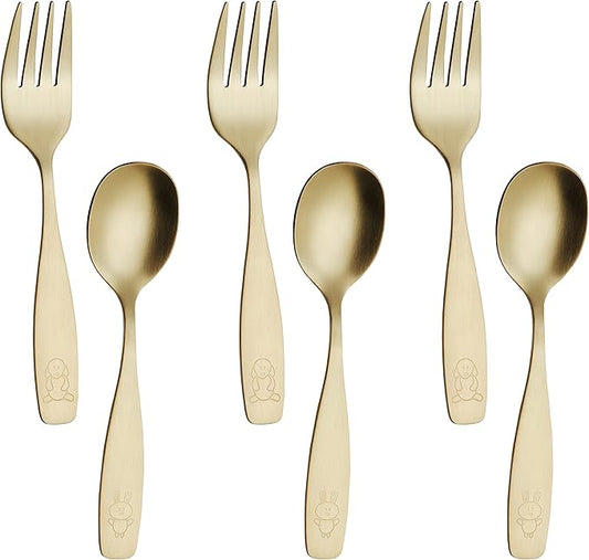 ANNOVA Kids Silverware Children's Safe Flatware Set Stainless Steel - Children Forks, Children Tablespoons, Toddler Utensils, Metal Cutlery Set for LunchBox (Gold, 6)