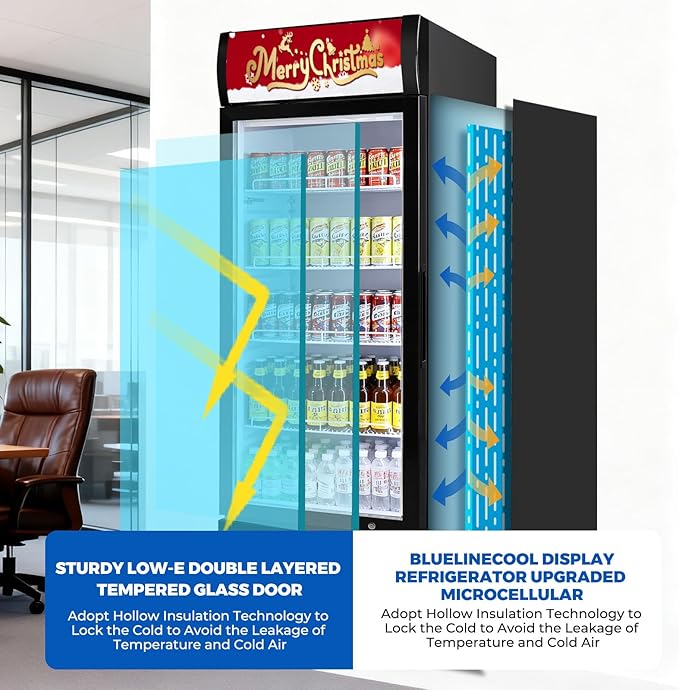 Commercial Refrigerator Beverage Cooler, 12.5 Cu.Ft Display Refrigerator with Glass Door, Drink Fridge with Led Light, 4 Adjustable Shelves, Merchandiser Refrigerator for Beer, Bar, Shop