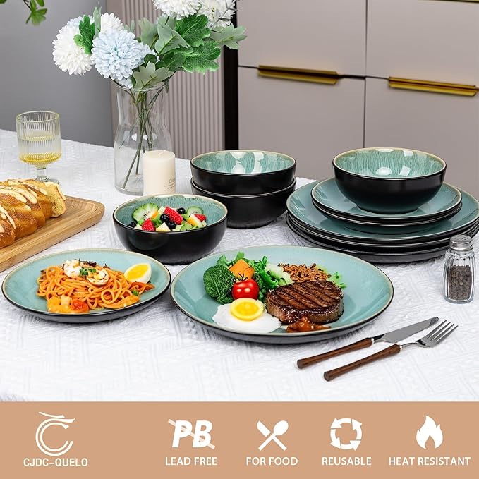 Plates and Bowls Sets for 6 - CJDC-QUELO 18-Piece Stoneware Dinnerware Sets, Ceramic Dishware Set for Indoor Kitchen Use and Formal Dining, Chip and Scratch Resistant Microwave Dishwasher Safe, Green
