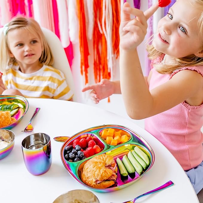 Ahimsa Stainless Steel Plates For Kids, Pediatrician Designed Colorful Divided Plates for Toddlers & Baby, Non Toxic, Unbreakable & Dishwasher Safe, Rainbow Set of 4