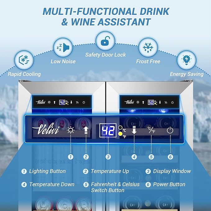 Wine and Beverage Refrigerator Under Counter, 24 Inch Beverage Fridge Dual Zone with Glass Door, Built In Beverage Cooler with Increase Capacity Space, Advanced Cooling System