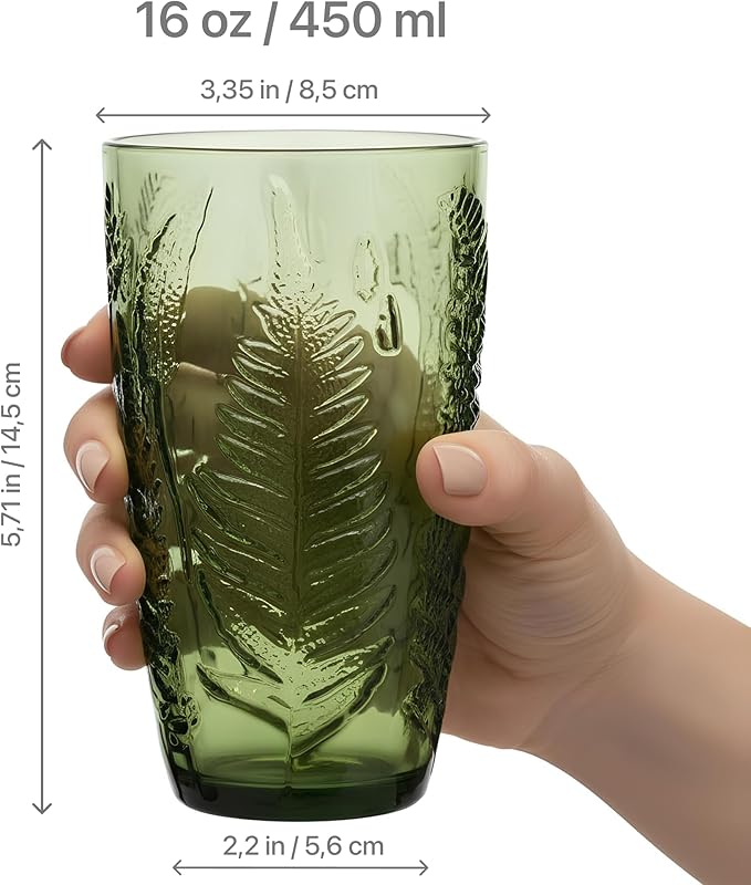 Vintage Green Drinking Glasses Set of 4, 16 oz Handcrafted Glass Tumblers, Heavy Textured Highball Cups, Fern Embossed Antique Colored Glassware, Retro Boho Aesthetic Drinkware, Housewarming Gift Set