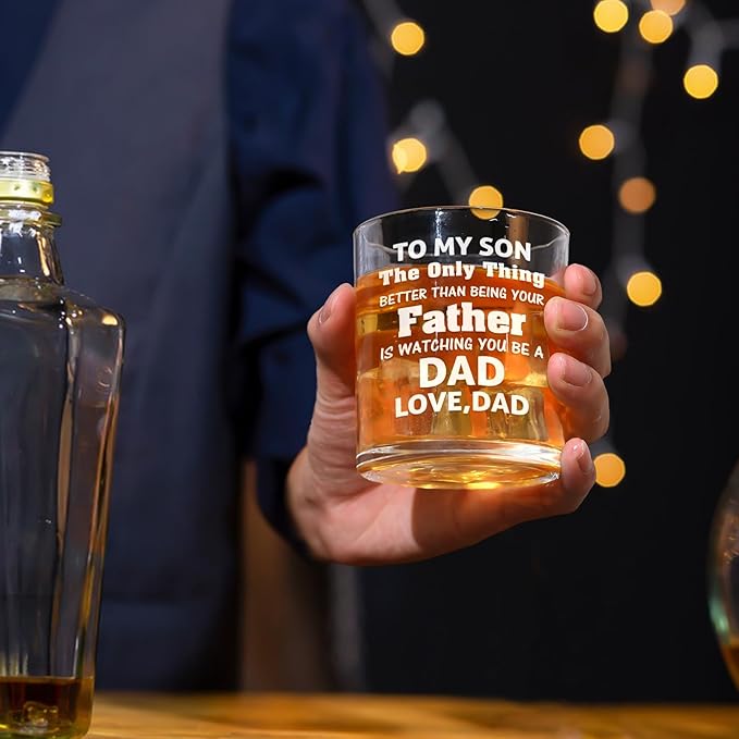 Futtumy Son Gifts from Dad, To My Son Watching You Be a Dad Whiskey Glass, Birthday Christmas Fathers Day Father to Be Gifts, 10 OZ Old Fashioned Glass