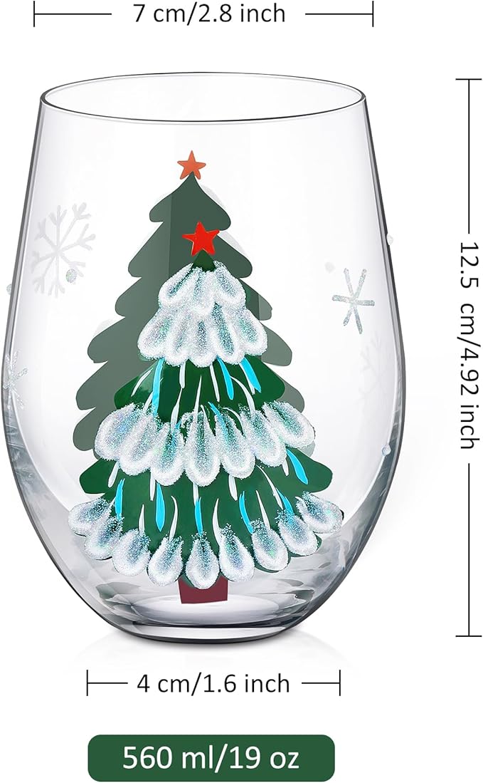 Joeyan Christmas Crystal Stemless Wine Glasses,Hand Painted Red or White Wine Glass Tumbler Cups,Large Green Xmas Tree and Snowflakes Patterned Drinking Glasses,Gift for Men Women Family,19oz,Set of 2