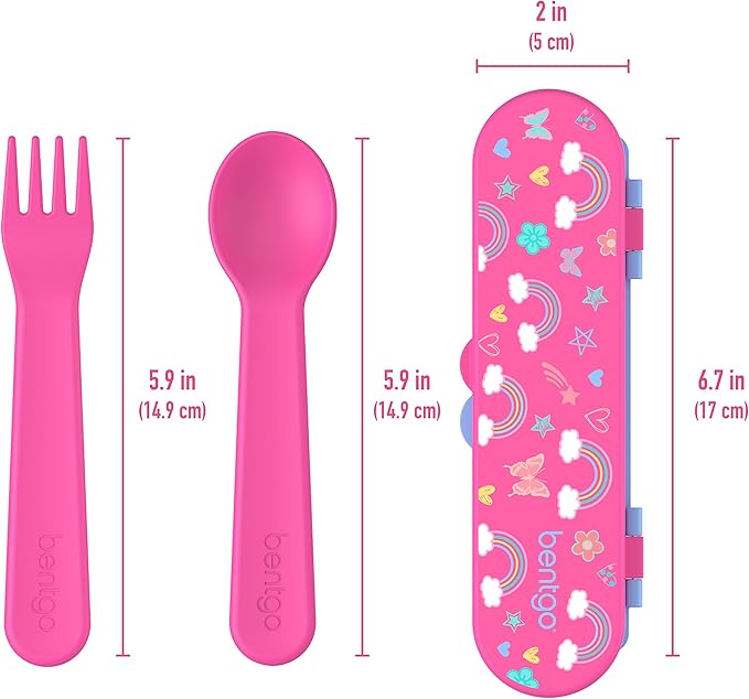 Bentgo Kids Utensil Set - Reusable Plastic Fork, Spoon & Storage Case BPA-Free Materials, Easy-Grip Handles, Dishwasher Safe Ideal for School Lunch, Travel, Outdoors (Rainbows and Butterflies)