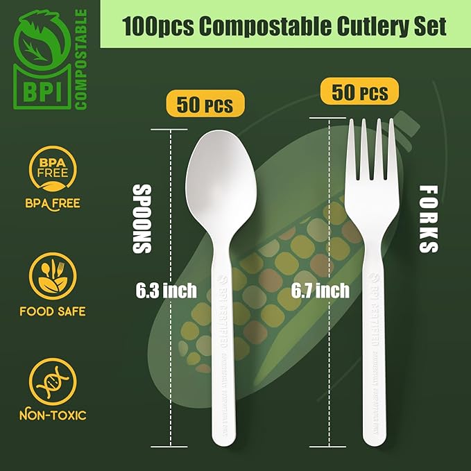 Gezond 100 Count 100% Compostable Cutlery Set 50 Forks and 50 Spoons, No Plastic Biodegradable PLA Disposable Forks and Spoons Eco-friendly Utensils Suitable for Party Picnic Office Everyday Use