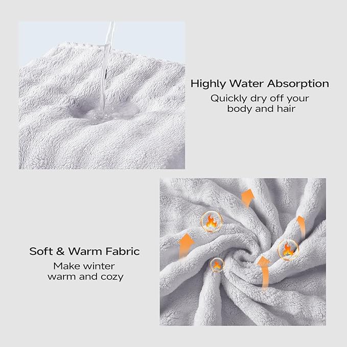 REDKISS Grey Towel Wrap for Women, XL Spa Shower Wrap with Hair Towel, Super Absorbent Bath Towels Robe for Body, Adjustable Microfiber Plush Bathrobe for Girls, Warmth Velcro Plus Size Wraps Towels