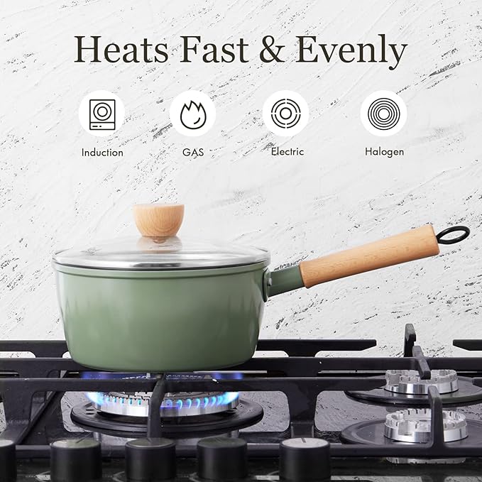 ROCKURWOK Ceramic Nonstick Sauce Pan with Lid, 1.5 Qt Small Pots for Cooking, Small Pot Wooden Handle for Cool Touch, Non Toxic & Pfas-Free Saucepan, Universal Base(Gas, Electric & Induction), Green